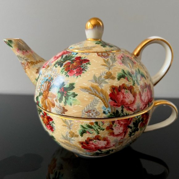 Skye McGhie Tea for One "Wild Rose" Chintz Porcelain 3pc Teapot and Teacup Set - Picture 1 of 3